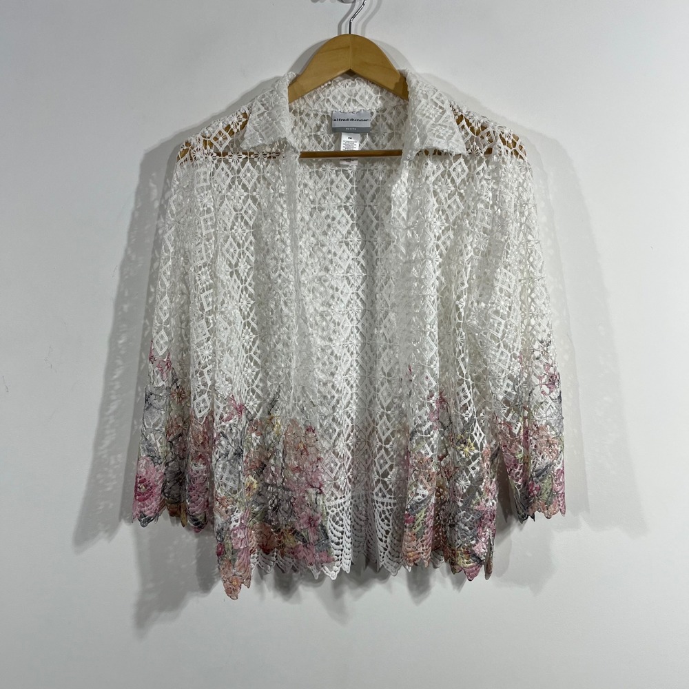 Alfred Dunner Cottagecore Crochet Lace Floral Open‎ Front Cardigan Petite Medium